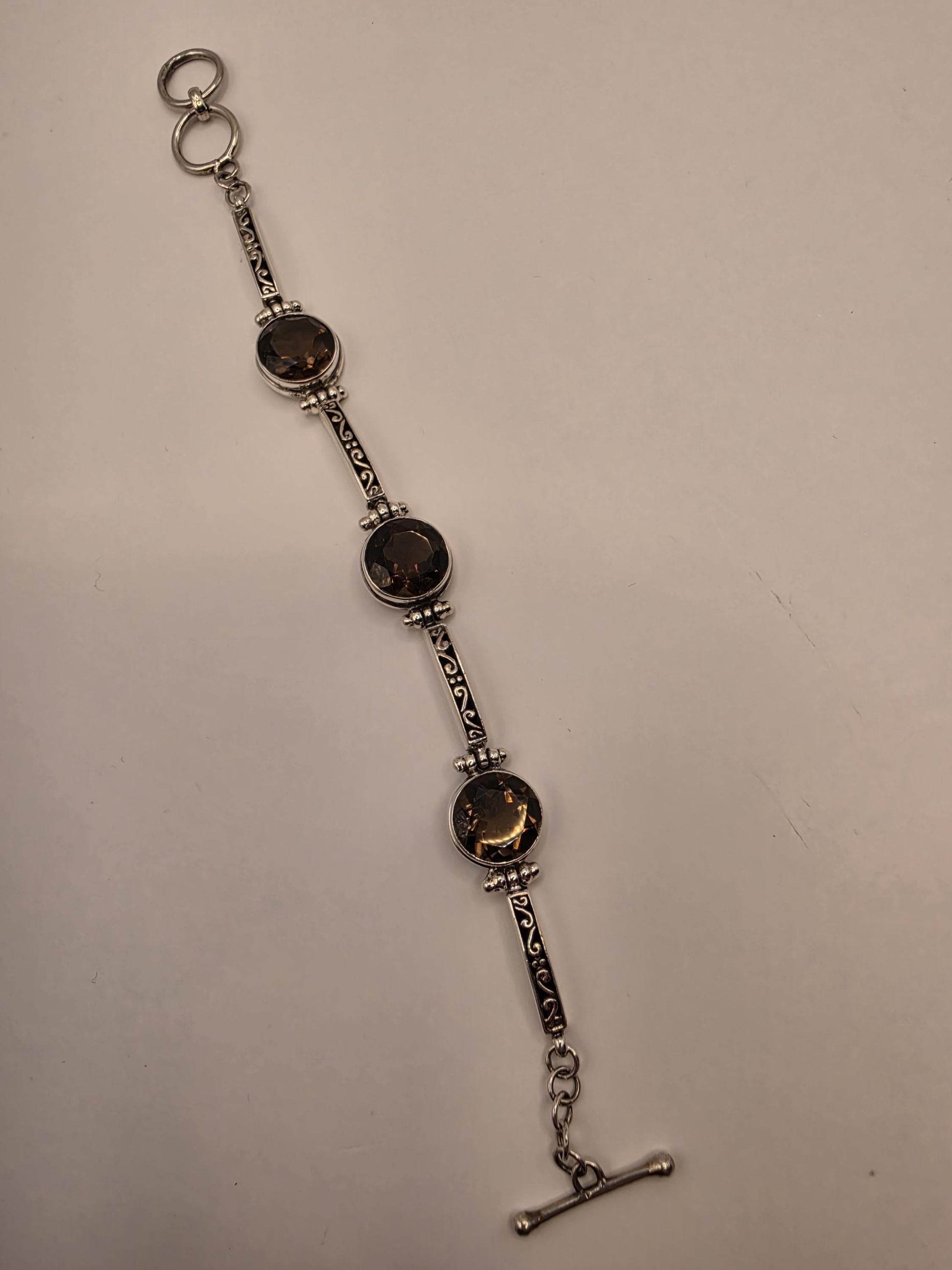Genuine Smoky Quartz Bracelet Sterling Silver Faceted Stations Oxidized Scrollwork Toggle 7.5 Inch Brown Gemstone Gift for Her or Him