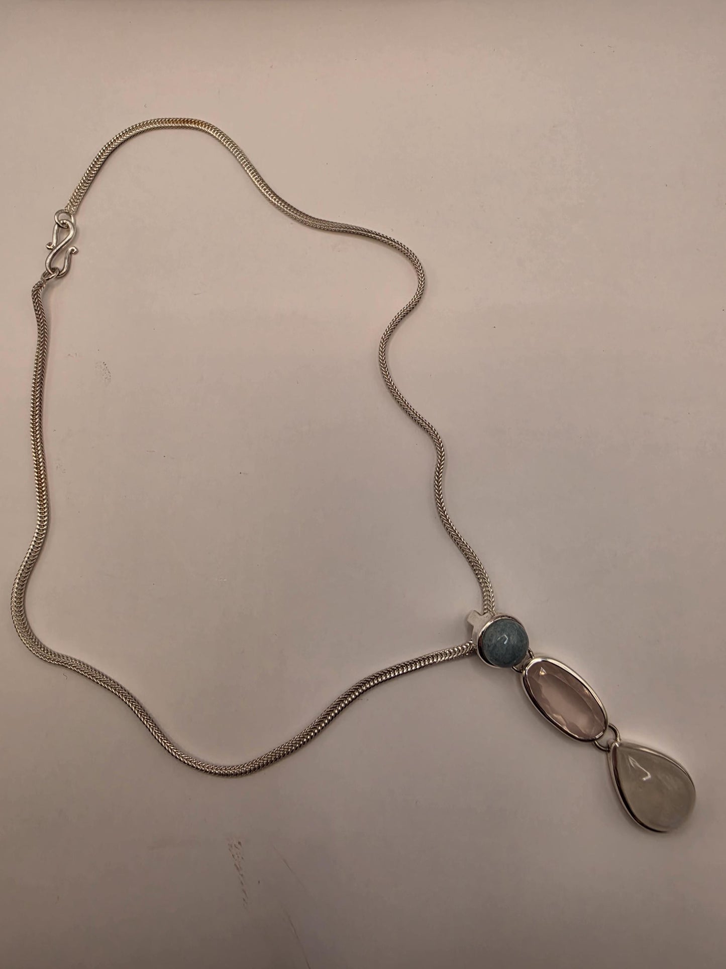 Multi Gemstone Necklace Sterling Silver Aquamarine Rose Quartz Moonstone Y Drop Foxtail Chain 18 Inch Pastel Pendant Gift for Her