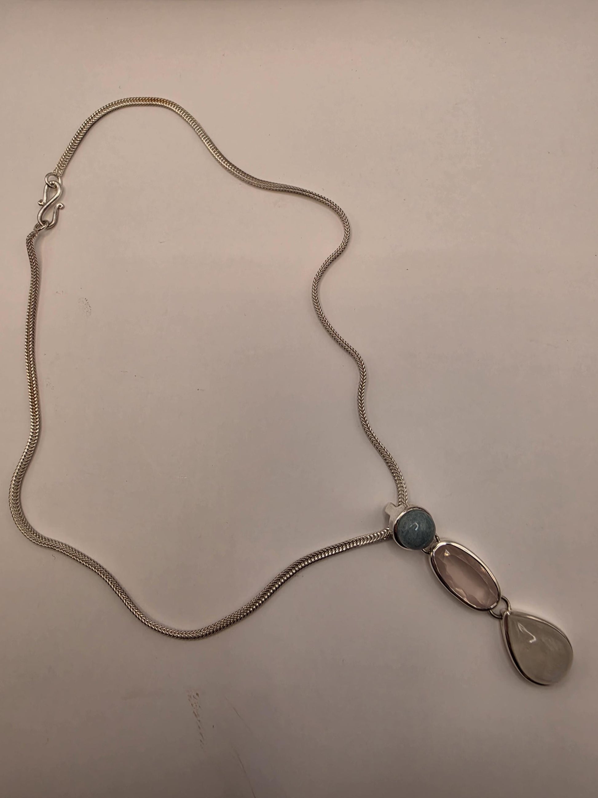Multi Gemstone Necklace Sterling Silver Aquamarine Rose Quartz Moonstone Y Drop Foxtail Chain 18 Inch Pastel Pendant Gift for Her