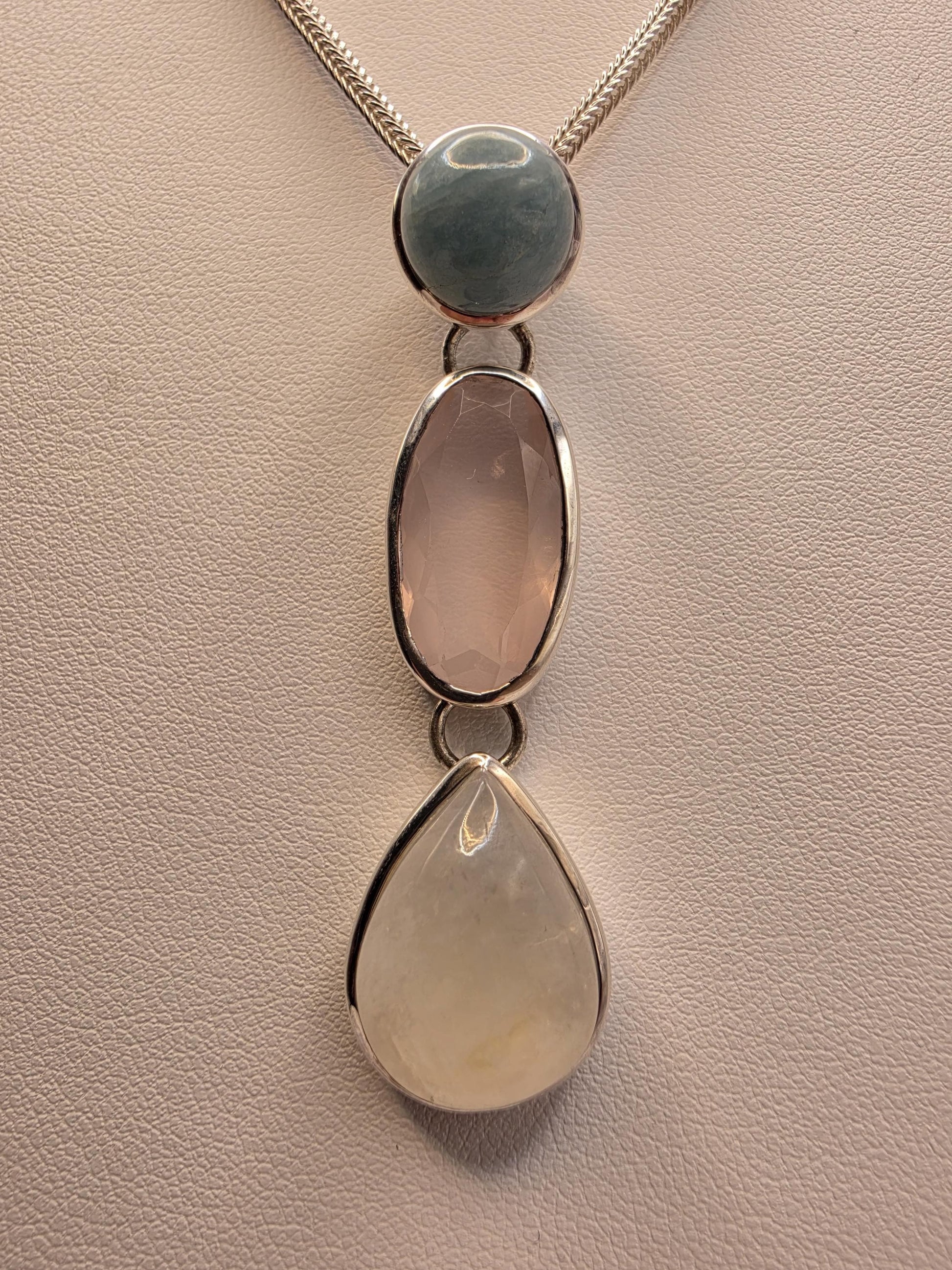 Multi Gemstone Necklace Sterling Silver Aquamarine Rose Quartz Moonstone Y Drop Foxtail Chain 18 Inch Pastel Pendant Gift for Her