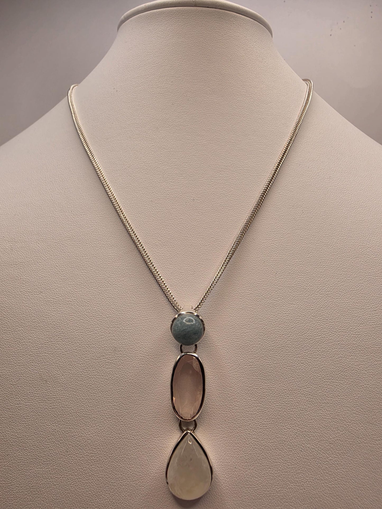 Multi Gemstone Necklace Sterling Silver Aquamarine Rose Quartz Moonstone Y Drop Foxtail Chain 18 Inch Pastel Pendant Gift for Her