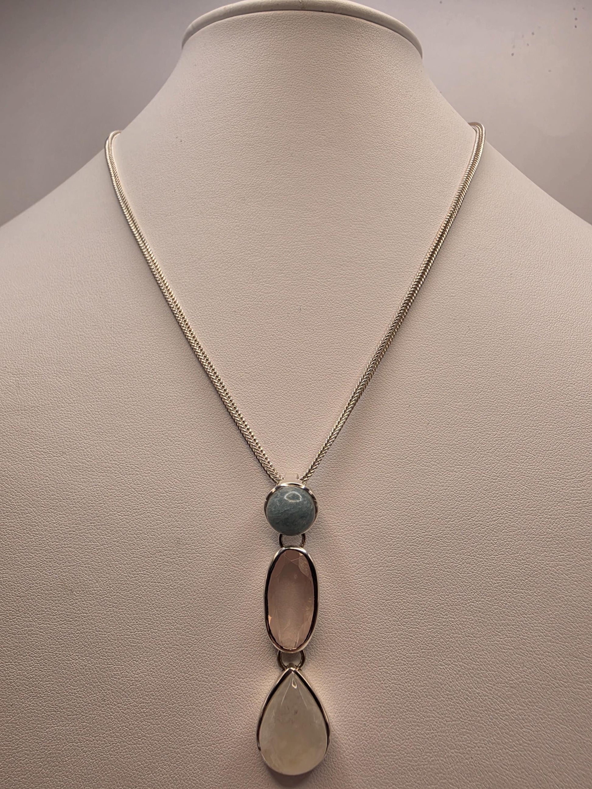 Multi Gemstone Necklace Sterling Silver Aquamarine Rose Quartz Moonstone Y Drop Foxtail Chain 18 Inch Pastel Pendant Gift for Her