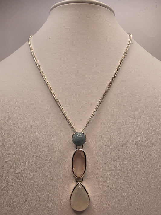 Multi Gemstone Necklace Sterling Silver Aquamarine Rose Quartz Moonstone Y Drop Foxtail Chain 18 Inch Pastel Pendant Gift for Her