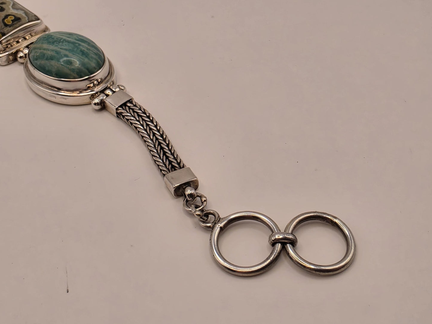 Ocean Jasper Amazonite Bracelet Sterling Silver Two Stone Woven Chain Toggle 7 Inch Orbicular Madagascar Jasper Rare Collector Gift for Her