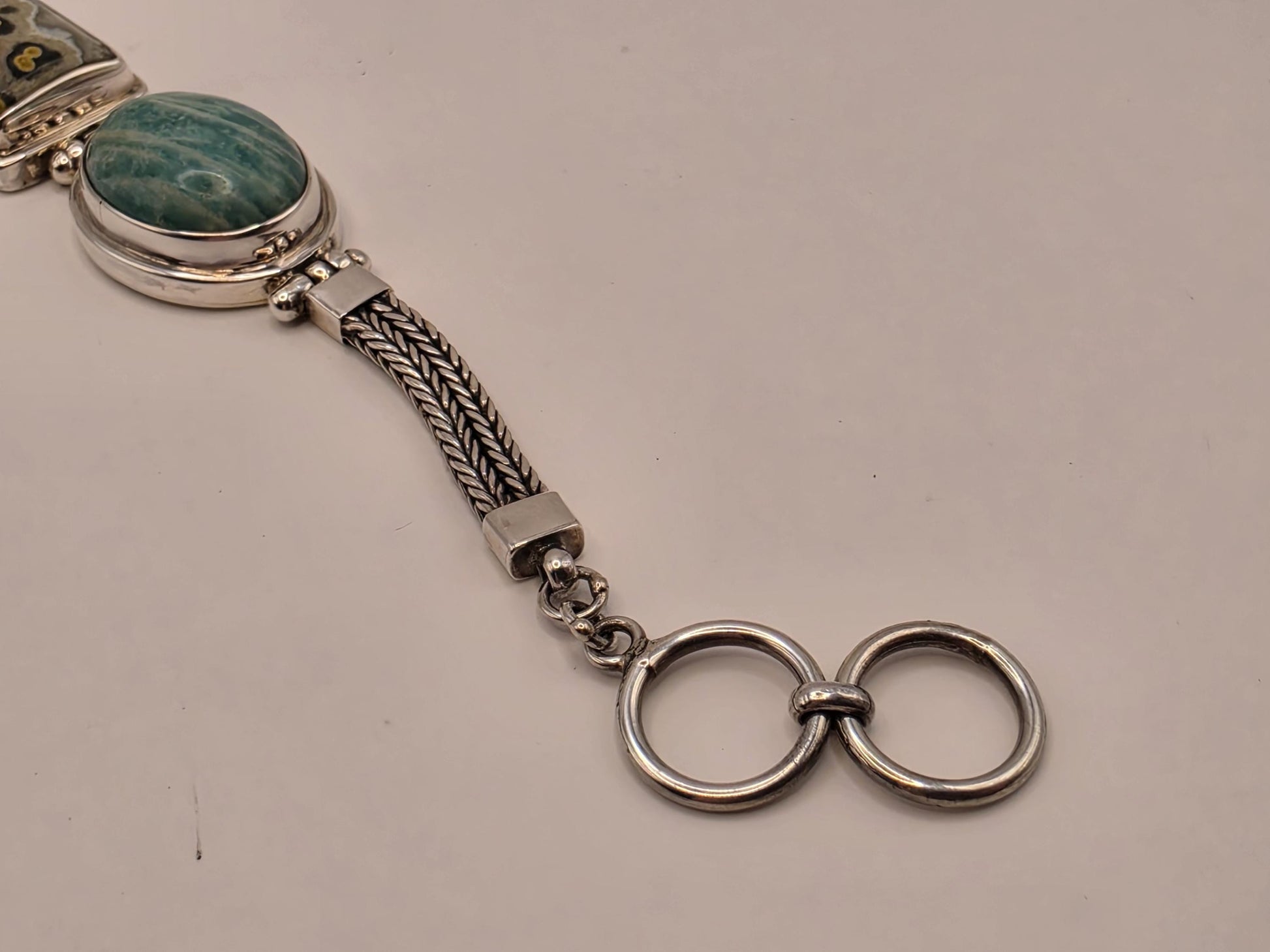 Ocean Jasper Amazonite Bracelet Sterling Silver Two Stone Woven Chain Toggle 7 Inch Orbicular Madagascar Jasper Rare Collector Gift for Her