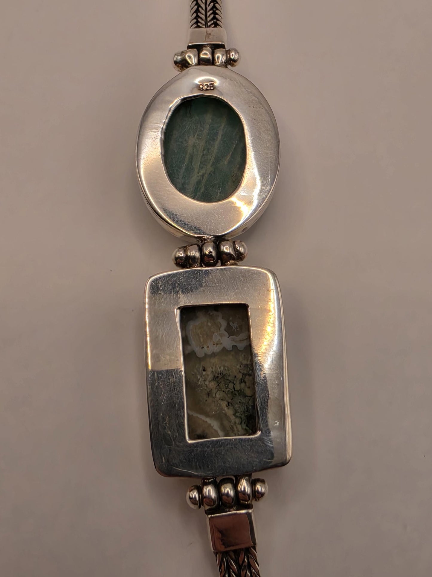 Ocean Jasper Amazonite Bracelet Sterling Silver Two Stone Woven Chain Toggle 7 Inch Orbicular Madagascar Jasper Rare Collector Gift for Her