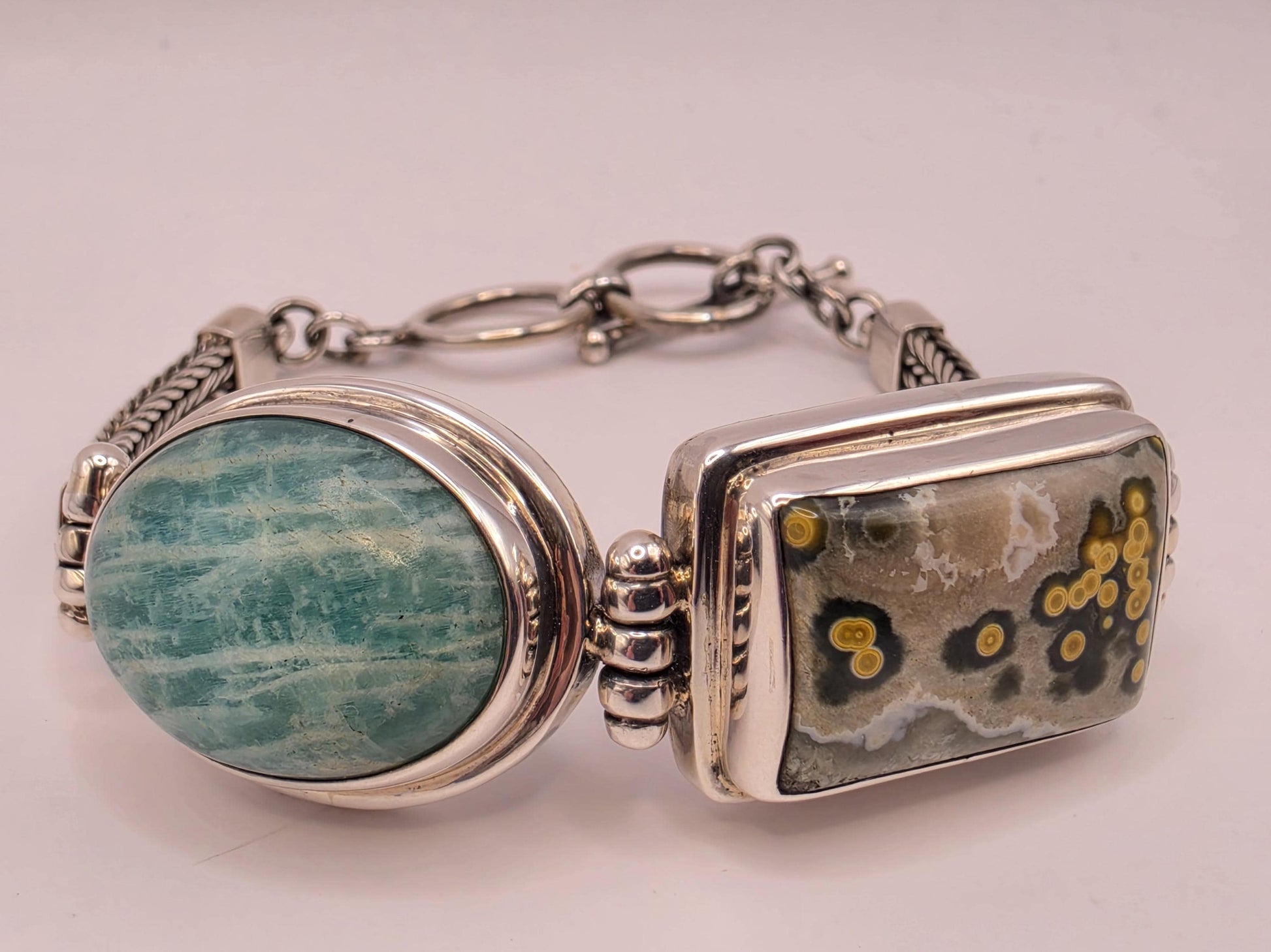 Ocean Jasper Amazonite Bracelet Sterling Silver Two Stone Woven Chain Toggle 7 Inch Orbicular Madagascar Jasper Rare Collector Gift for Her