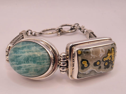 Ocean Jasper Amazonite Bracelet Sterling Silver Two Stone Woven Chain Toggle 7 Inch Orbicular Madagascar Jasper Rare Collector Gift for Her