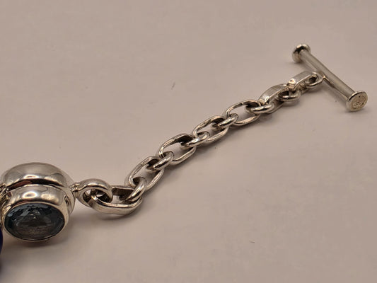 Lapis Lazuli Blue Topaz Bracelet Sterling Silver Nine Stone Line Toggle 9 Inch Pyrite Flecked Lapis Sky Blue Faceted Statement Gift for Her