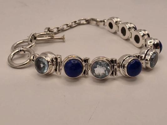 Lapis Lazuli Blue Topaz Bracelet Sterling Silver Nine Stone Line Toggle 9 Inch Pyrite Flecked Lapis Sky Blue Faceted Statement Gift for Her