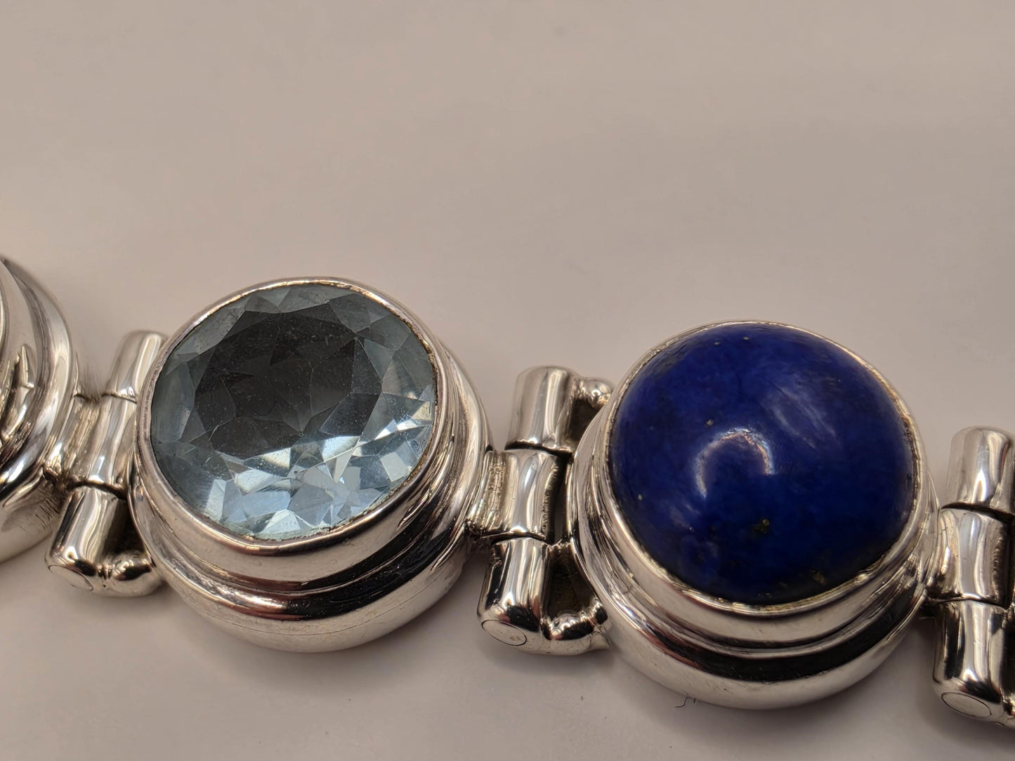 Lapis Lazuli Blue Topaz Bracelet Sterling Silver Nine Stone Line Toggle 9 Inch Pyrite Flecked Lapis Sky Blue Faceted Statement Gift for Her