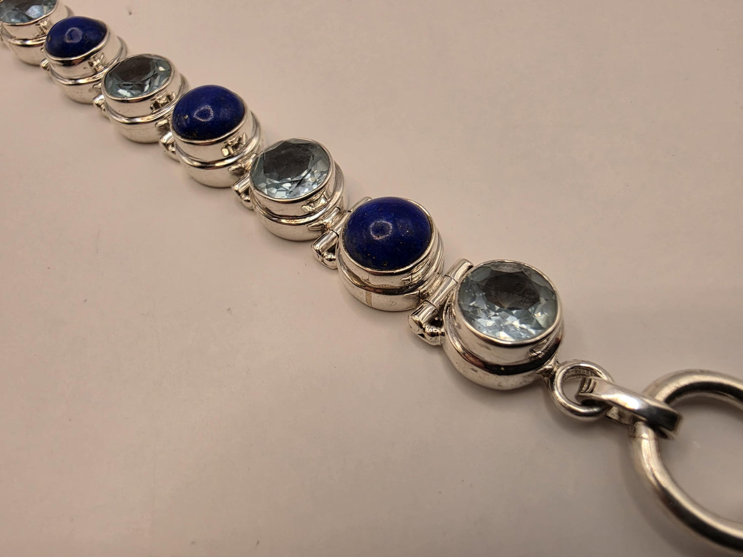 Lapis Lazuli Blue Topaz Bracelet Sterling Silver Nine Stone Line Toggle 9 Inch Pyrite Flecked Lapis Sky Blue Faceted Statement Gift for Her