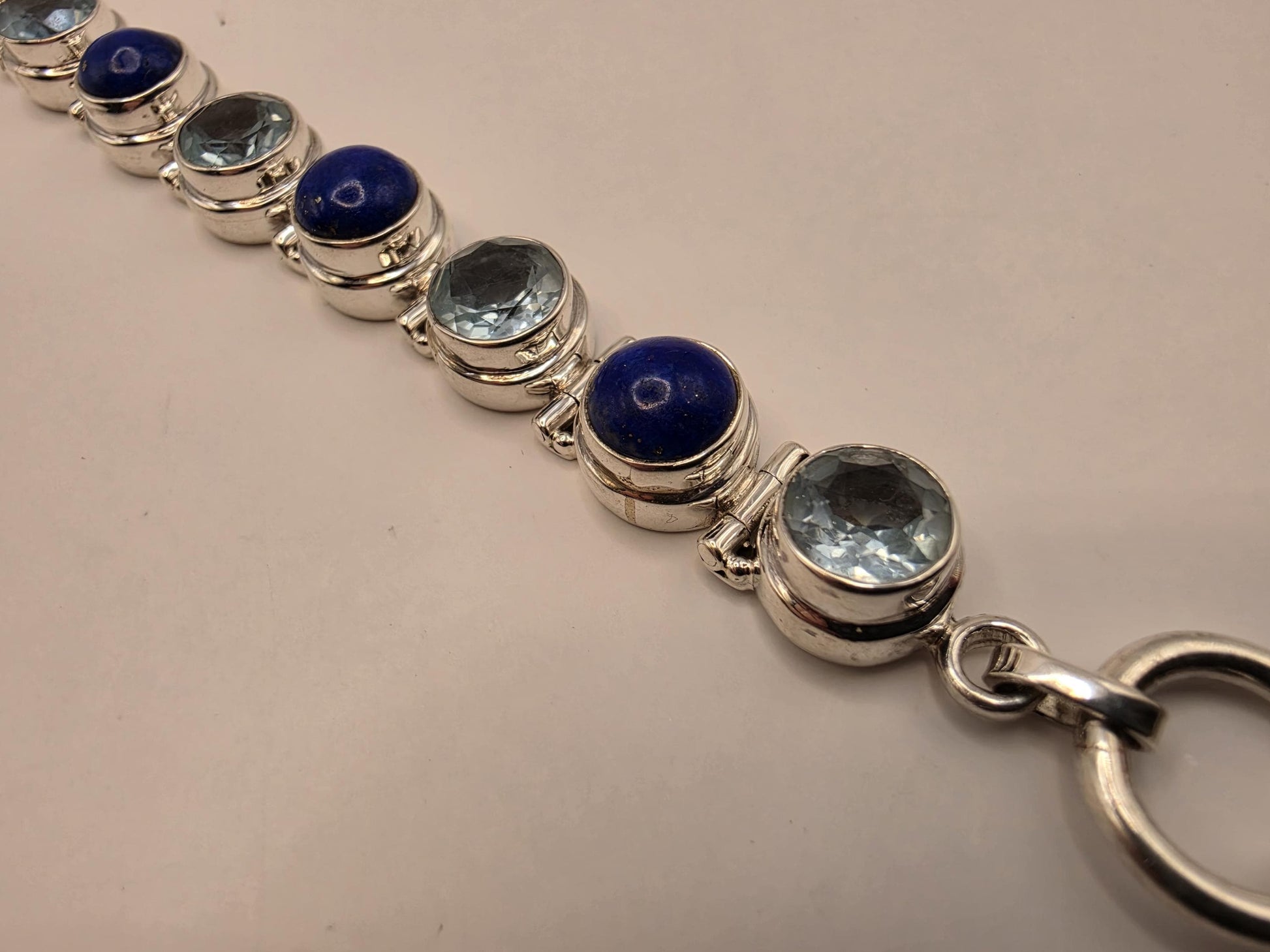 Lapis Lazuli Blue Topaz Bracelet Sterling Silver Nine Stone Line Toggle 9 Inch Pyrite Flecked Lapis Sky Blue Faceted Statement Gift for Her