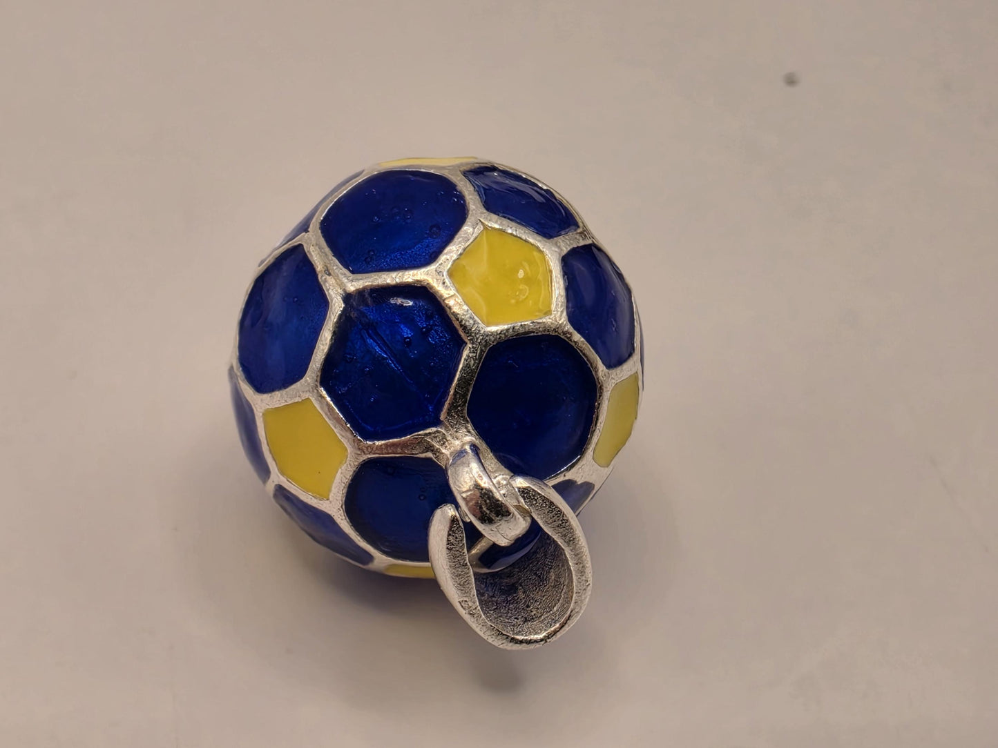 Sterling Silver Soccer Ball Pendant Blue Yellow Enamel 3D Round Charm 0.5 Inch Futbol Sports Gift Soccer Player Coach Team Fan