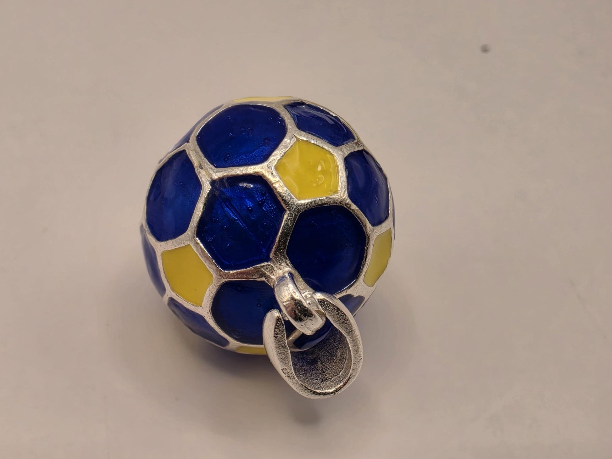 Sterling Silver Soccer Ball Pendant Blue Yellow Enamel 3D Round Charm 0.5 Inch Futbol Sports Gift Soccer Player Coach Team Fan