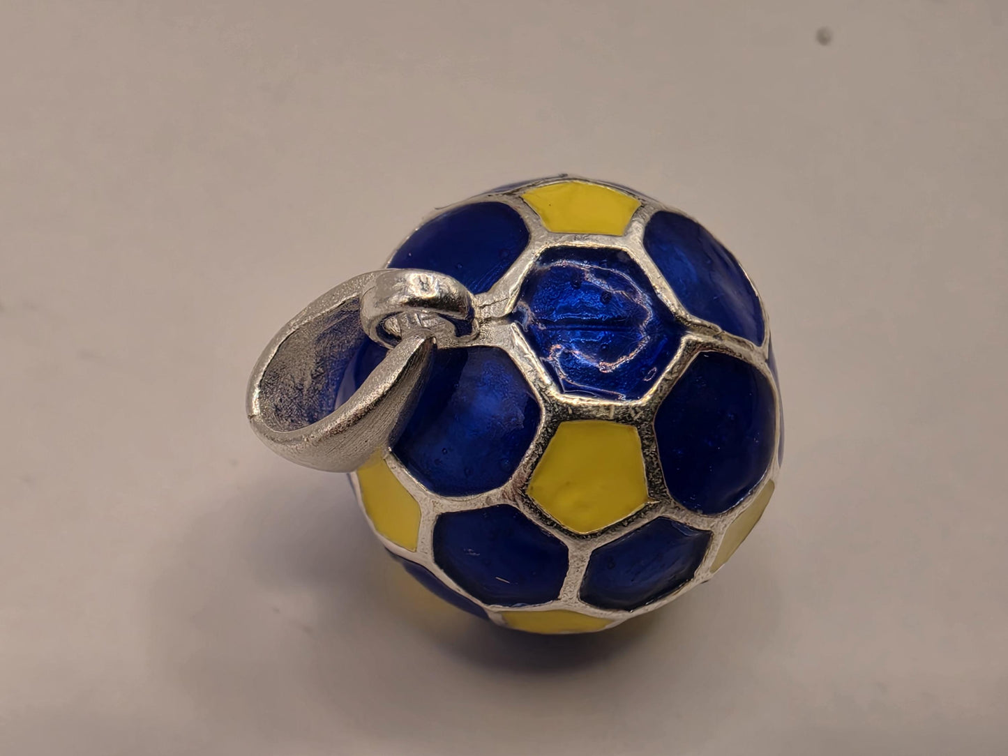Sterling Silver Soccer Ball Pendant Blue Yellow Enamel 3D Round Charm 0.5 Inch Futbol Sports Gift Soccer Player Coach Team Fan