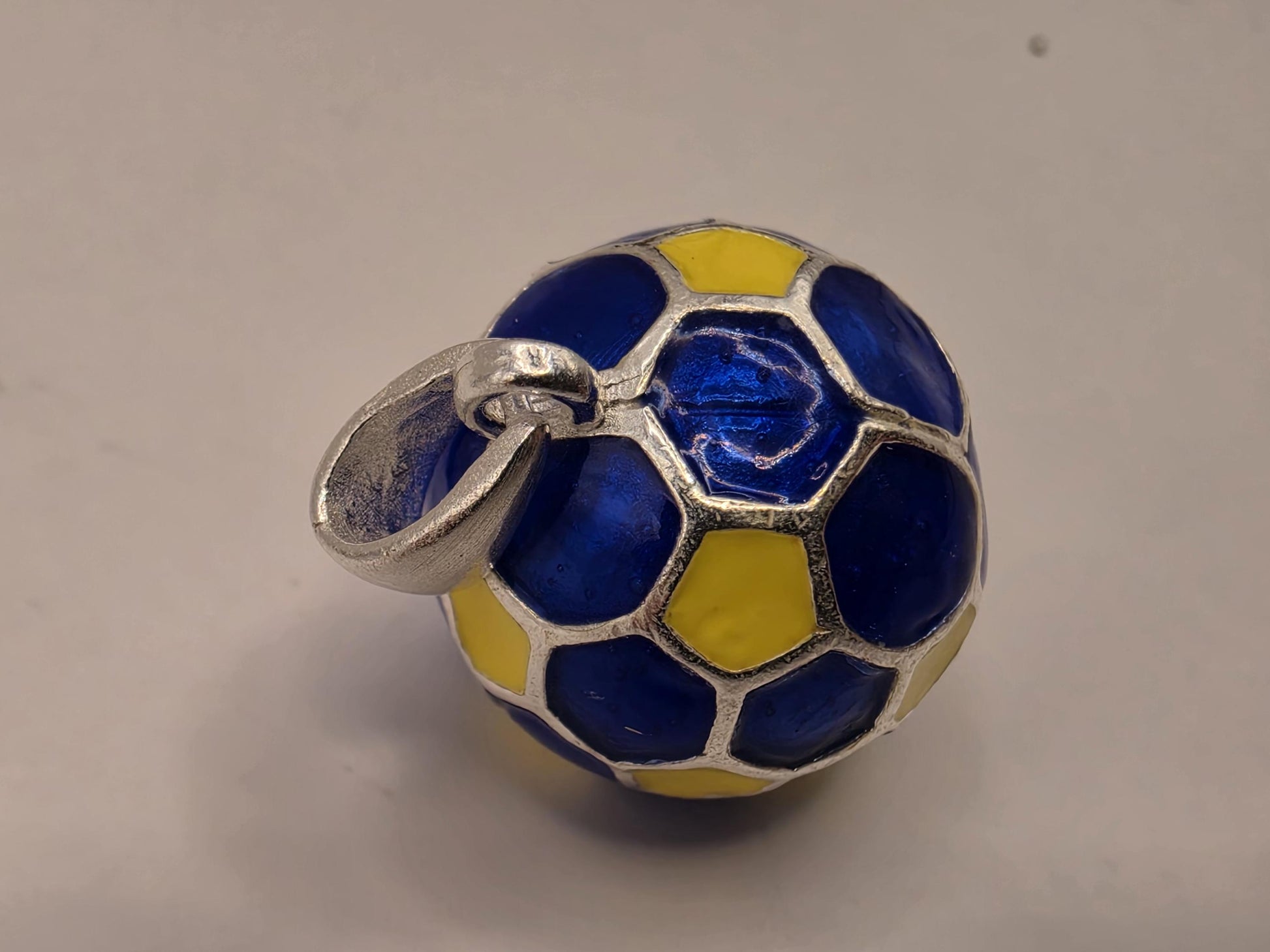 Sterling Silver Soccer Ball Pendant Blue Yellow Enamel 3D Round Charm 0.5 Inch Futbol Sports Gift Soccer Player Coach Team Fan