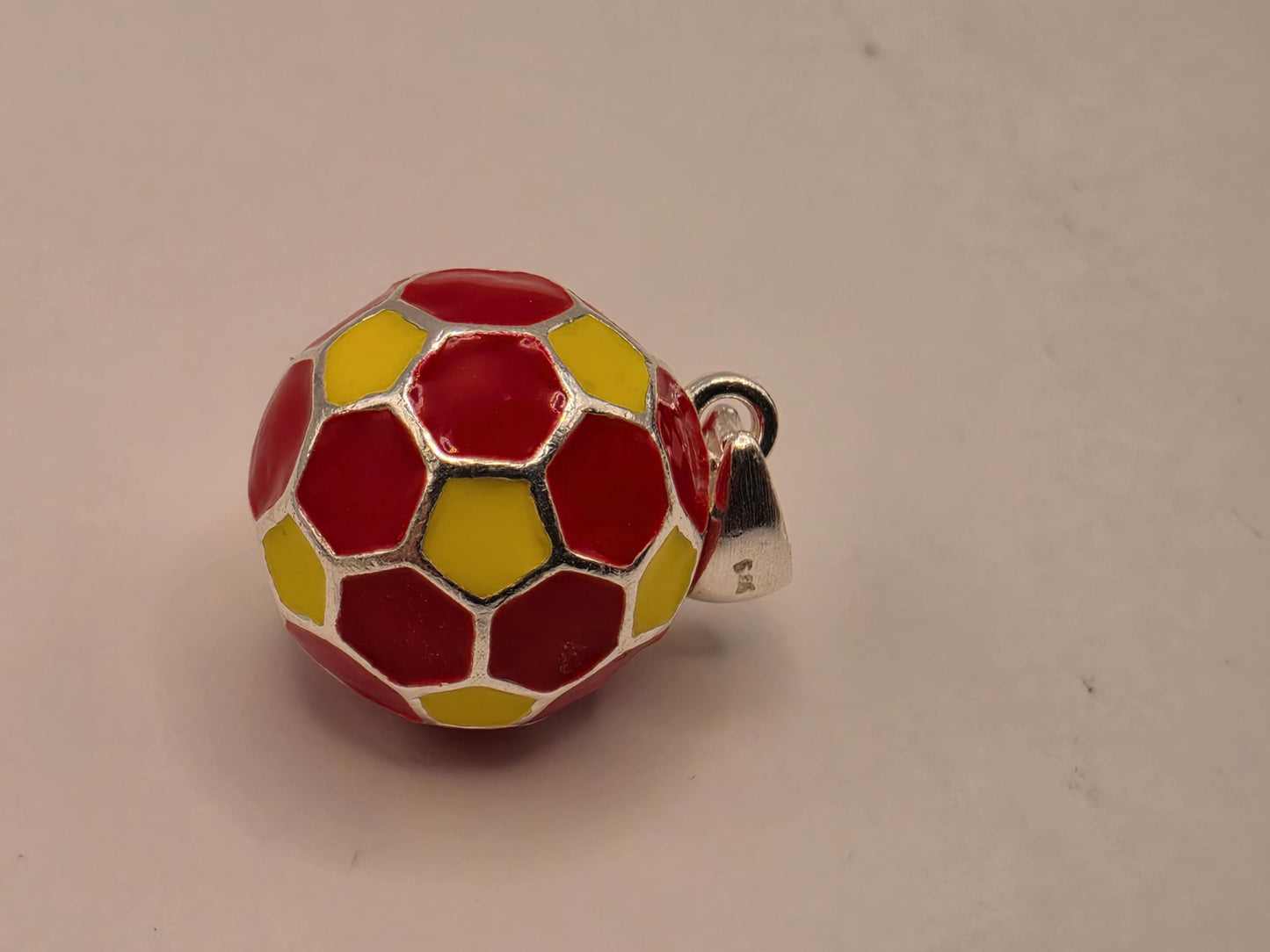 Sterling Silver Soccer Ball Pendant Red Yellow Enamel 3D Round Charm 0.5 Inch Futbol Sports Gift Soccer Player Coach Team Fan