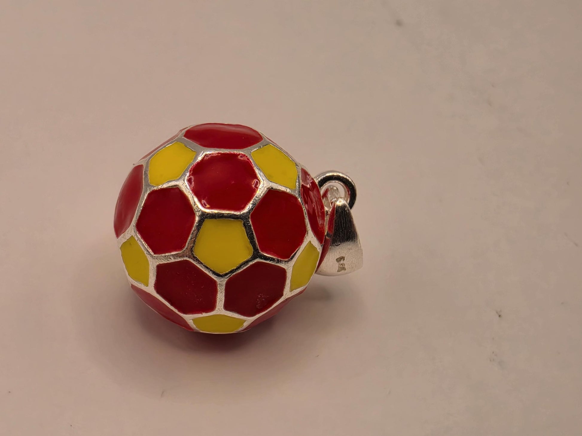 Sterling Silver Soccer Ball Pendant Red Yellow Enamel 3D Round Charm 0.5 Inch Futbol Sports Gift Soccer Player Coach Team Fan