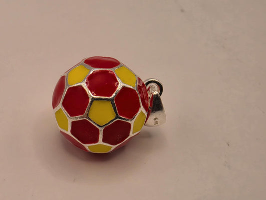 Sterling Silver Soccer Ball Pendant Red Yellow Enamel 3D Round Charm 0.5 Inch Futbol Sports Gift Soccer Player Coach Team Fan