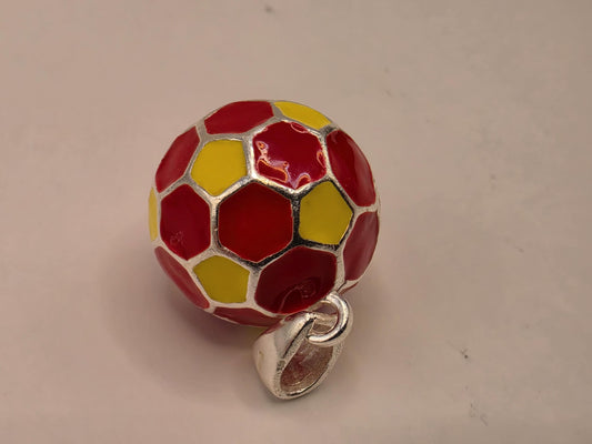 Sterling Silver Soccer Ball Pendant Red Yellow Enamel 3D Round Charm 0.5 Inch Futbol Sports Gift Soccer Player Coach Team Fan