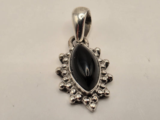 Black Onyx Pendant Sterling Silver Marquise Cabochon Beaded Sunburst Frame Small Dainty 0.75 Inch Minimalist Gift for Her