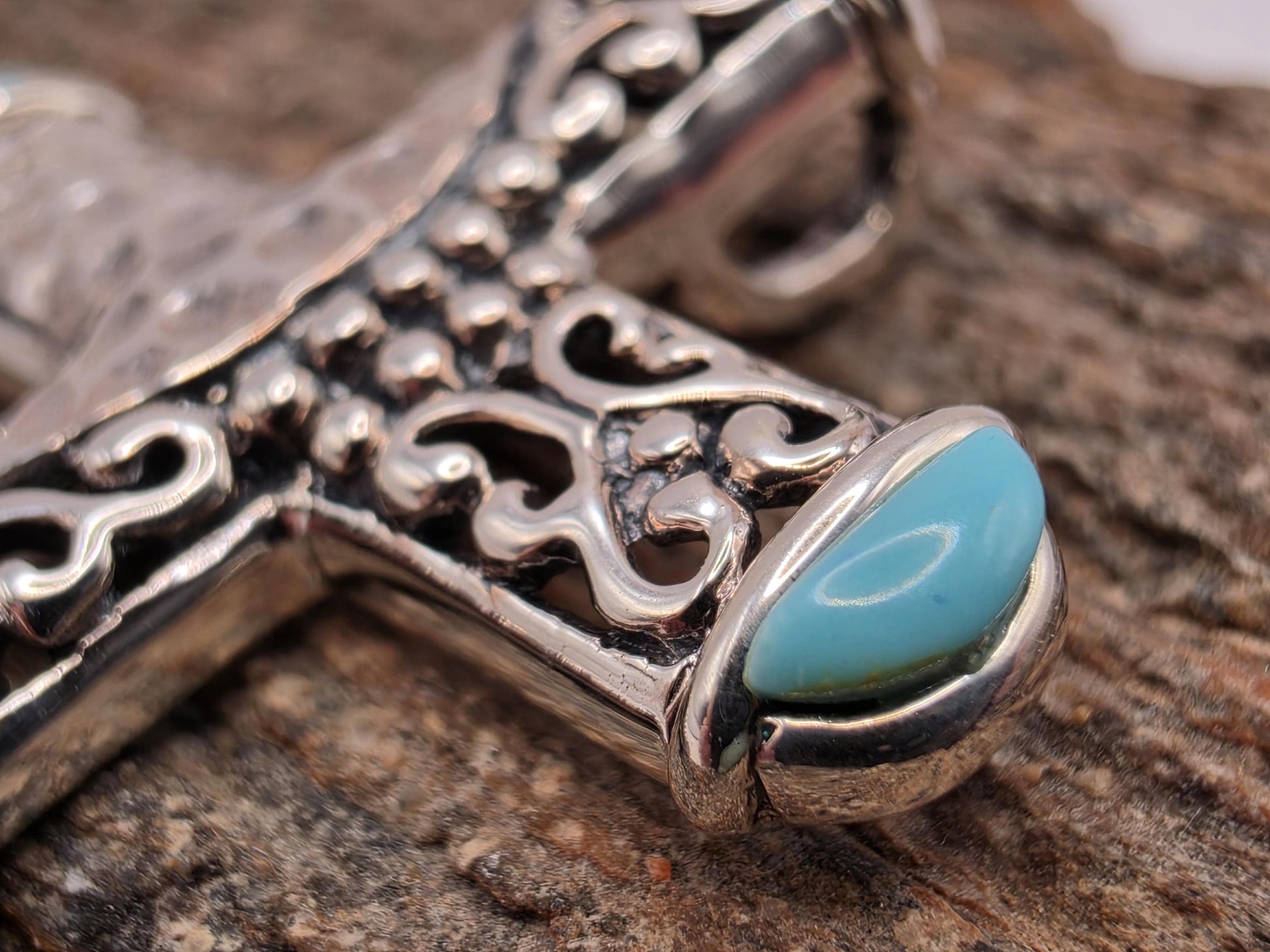 Turquoise Cross Pendant Sterling Silver Hammered Scrollwork Cabochon Ends 1.5 Inch Southwest Faith Christian Gift Baptism Confirmation