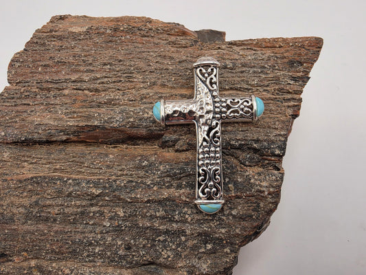 Turquoise Cross Pendant Sterling Silver Hammered Scrollwork Cabochon Ends 1.5 Inch Southwest Faith Christian Gift Baptism Confirmation