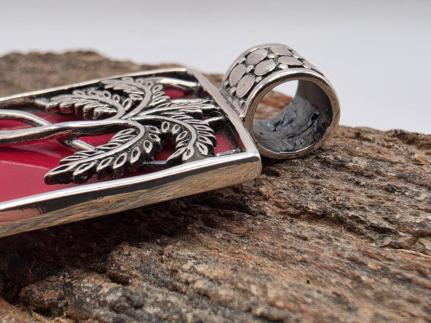 Sterling Silver Palm Tree Pendant Red Inlay Reversible Bali Beach Scene 1.125 Inch Tropical Vacation Jewelry Gift for Her