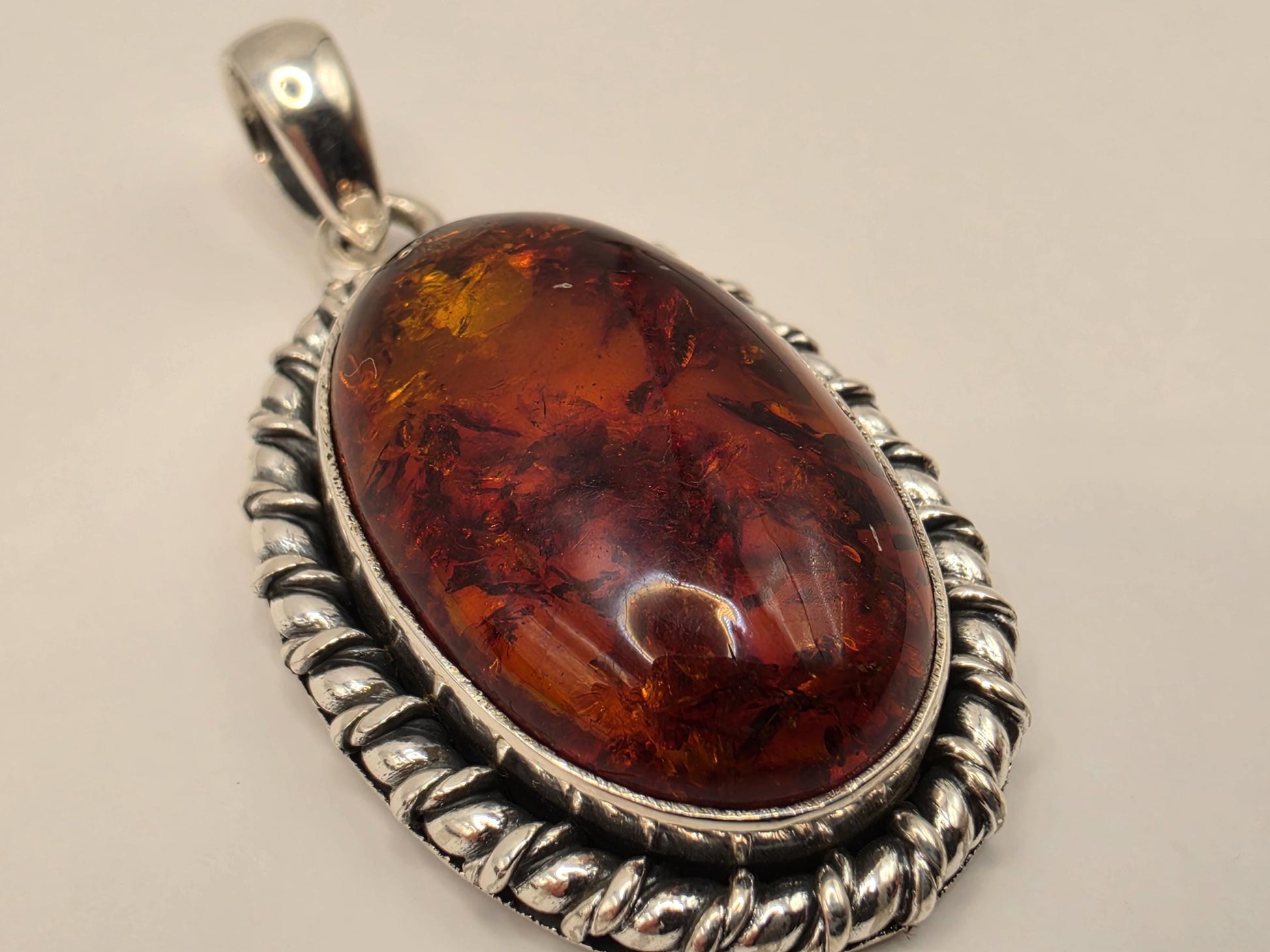 Genuine Baltic Amber Pendant Sterling Silver Oval Cabochon Rope Twist Bezel 27mm Honey Cognac Sun Spangles Natural Fossil Gift for Her