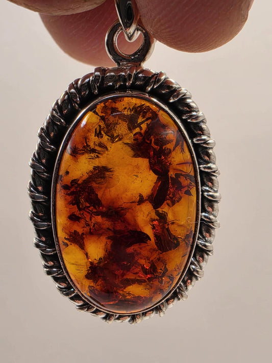 Genuine Baltic Amber Pendant Sterling Silver Oval Cabochon Rope Twist Bezel 27mm Honey Cognac Sun Spangles Natural Fossil Gift for Her