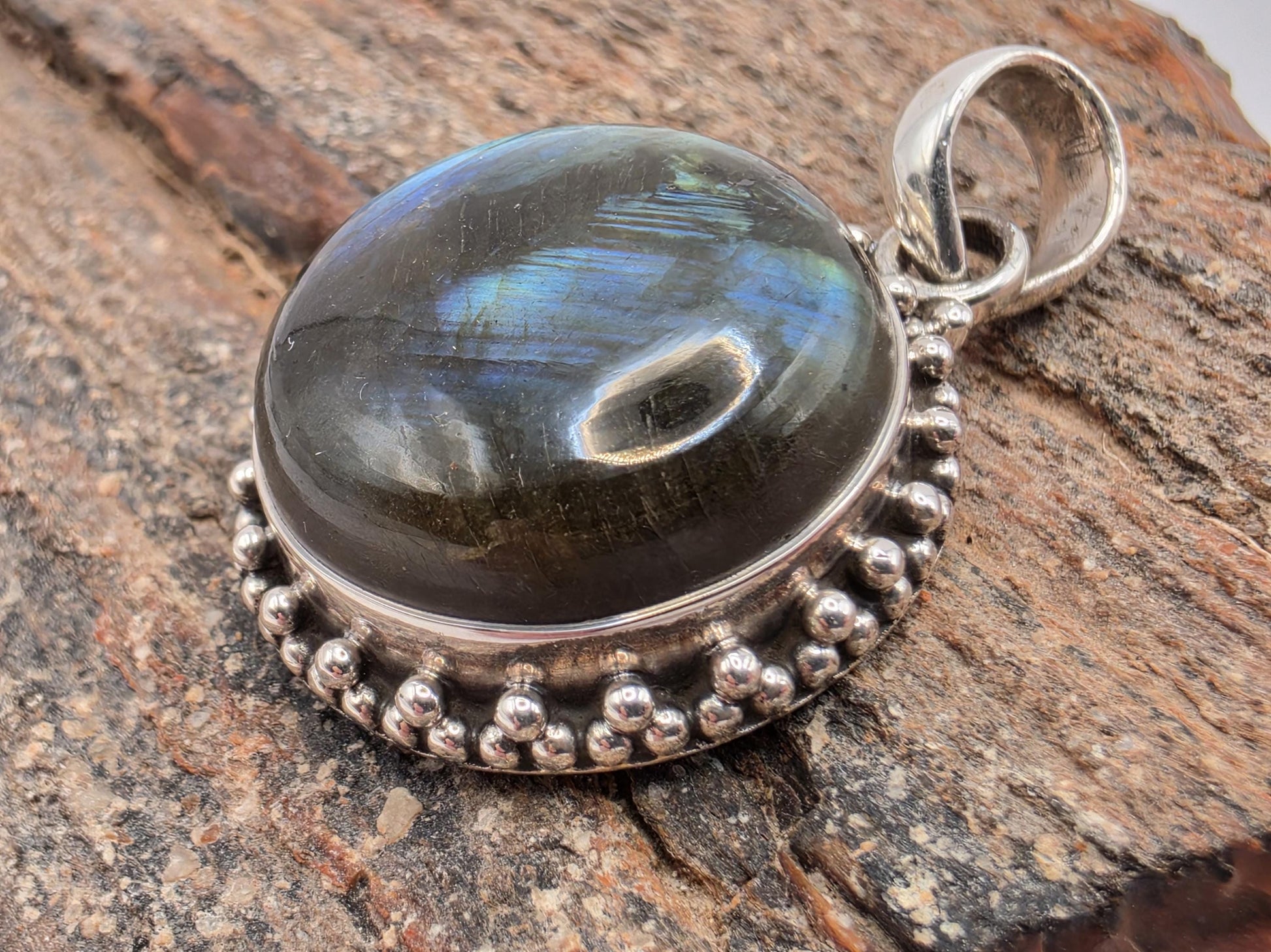 Labradorite Pendant Sterling Silver Round Cabochon Beaded Halo Frame 1 Inch Blue Green Flash Aurora Stone Mystical Gift for Her
