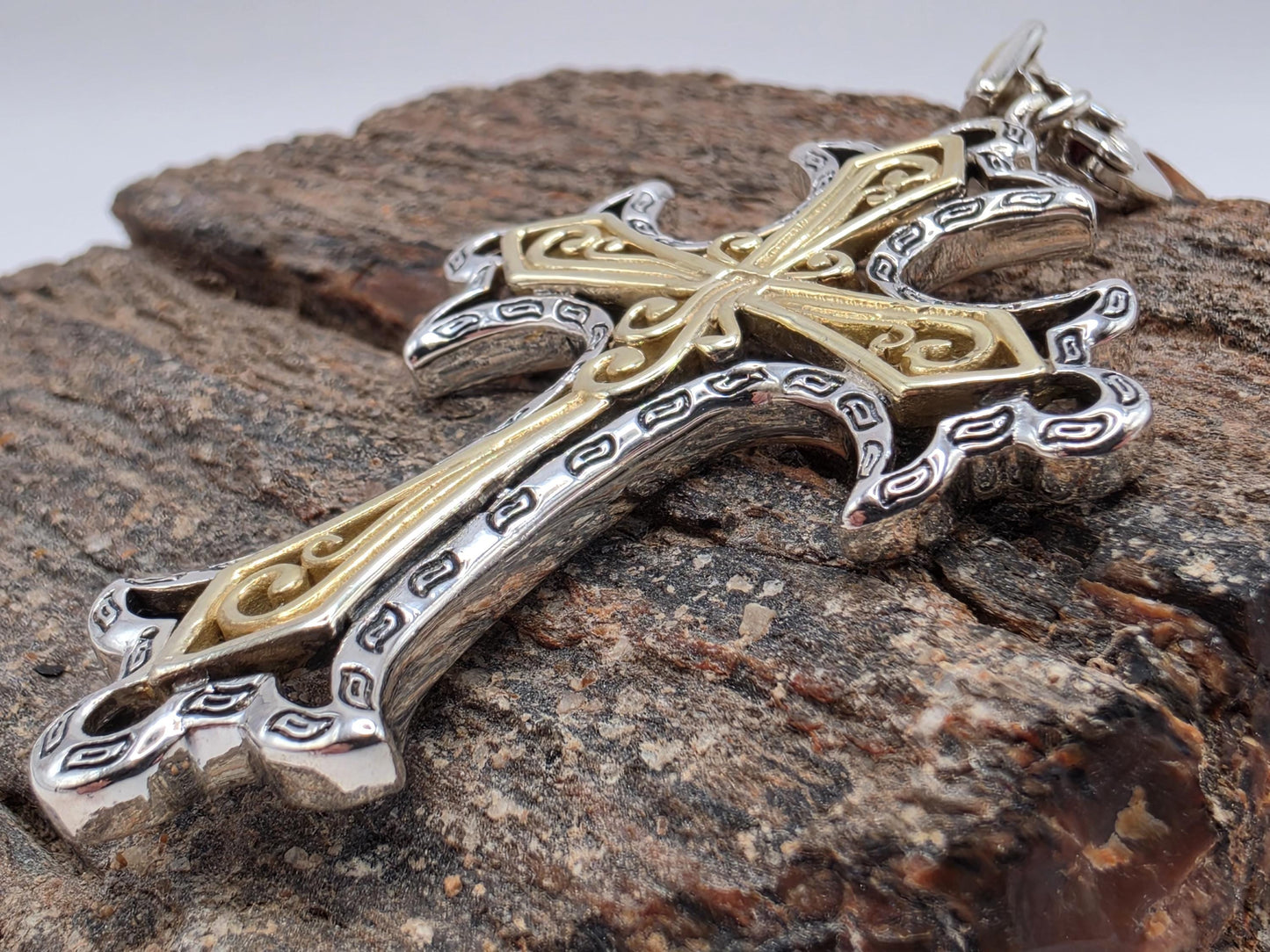 Two Tone Cross Pendant Sterling Silver Gold Tone Accent Ornate Scrollwork Large 2.25 Inch Statement Christian Faith Gift for Her or Him