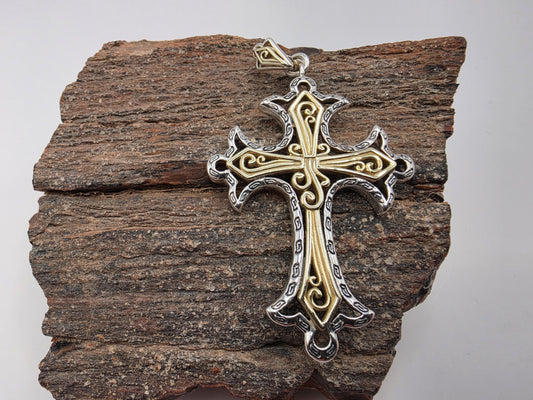 Two Tone Cross Pendant Sterling Silver Gold Tone Accent Ornate Scrollwork Large 2.25 Inch Statement Christian Faith Gift for Her or Him