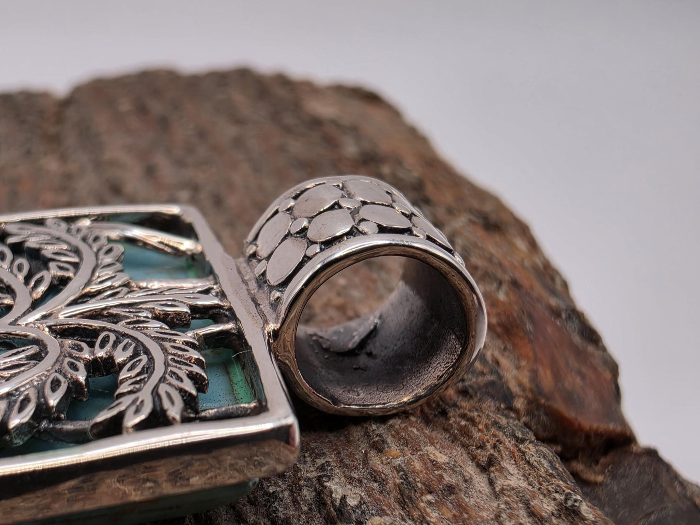 Turquoise Palm Tree Pendant Sterling Silver Bali Beach Scene Genuine Stone Background 1.125 Inch Tropical Island Vacation Gift for Her