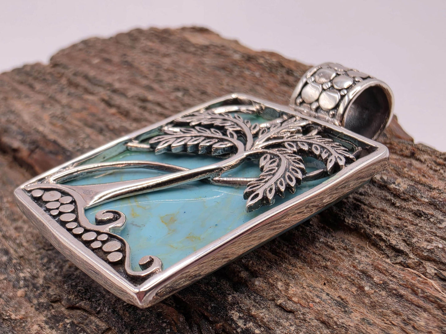 Turquoise Palm Tree Pendant Sterling Silver Bali Beach Scene Genuine Stone Background 1.125 Inch Tropical Island Vacation Gift for Her