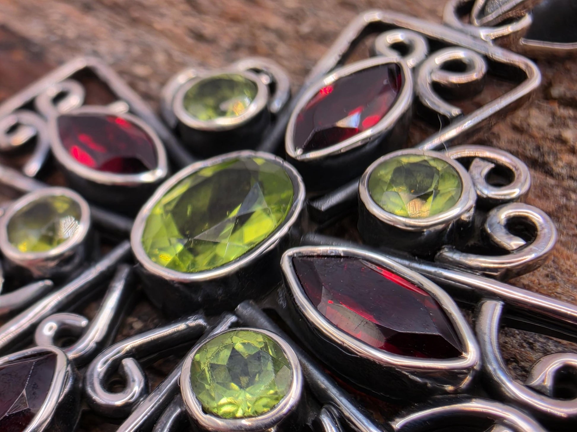 Garnet Peridot Cross Pendant Sterling Silver Bali Scrollwork Large 1.75 Inch Genuine Gemstone Red Green Faceted Statement Faith Gift for Her