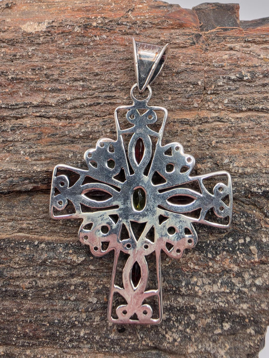 Garnet Peridot Cross Pendant Sterling Silver Bali Scrollwork Large 1.75 Inch Genuine Gemstone Red Green Faceted Statement Faith Gift for Her