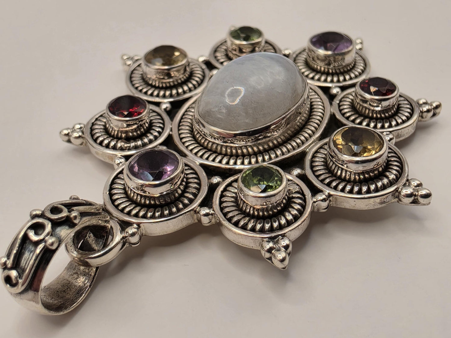 Rainbow Moonstone Multi Gemstone Pendant Sterling Silver Star Medallion Amethyst Garnet Citrine Peridot 2 Inch Bali Statement Gift for Her