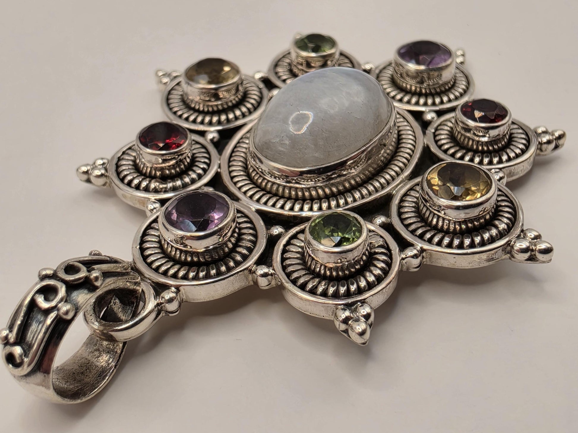Rainbow Moonstone Multi Gemstone Pendant Sterling Silver Star Medallion Amethyst Garnet Citrine Peridot 2 Inch Bali Statement Gift for Her