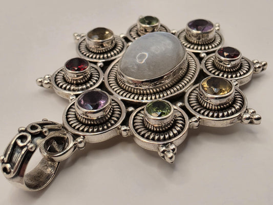 Rainbow Moonstone Multi Gemstone Pendant Sterling Silver Star Medallion Amethyst Garnet Citrine Peridot 2 Inch Bali Statement Gift for Her