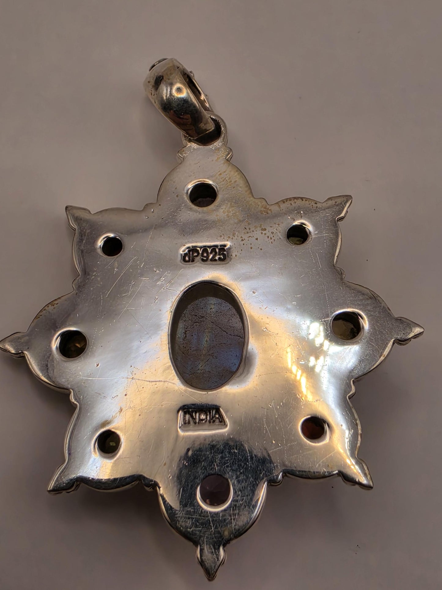 Rainbow Moonstone Multi Gemstone Pendant Sterling Silver Star Medallion Amethyst Garnet Citrine Peridot 2 Inch Bali Statement Gift for Her