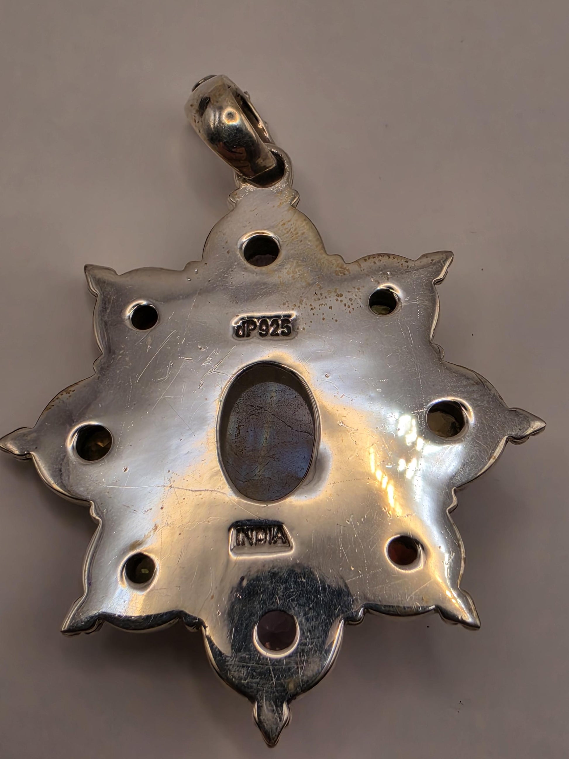 Rainbow Moonstone Multi Gemstone Pendant Sterling Silver Star Medallion Amethyst Garnet Citrine Peridot 2 Inch Bali Statement Gift for Her