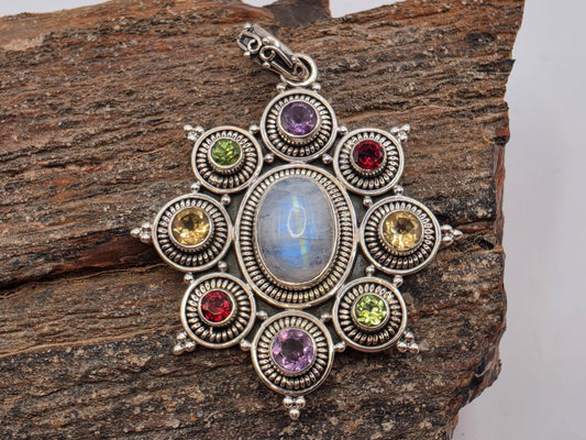Rainbow Moonstone Multi Gemstone Pendant Sterling Silver Star Medallion Amethyst Garnet Citrine Peridot 2 Inch Bali Statement Gift for Her