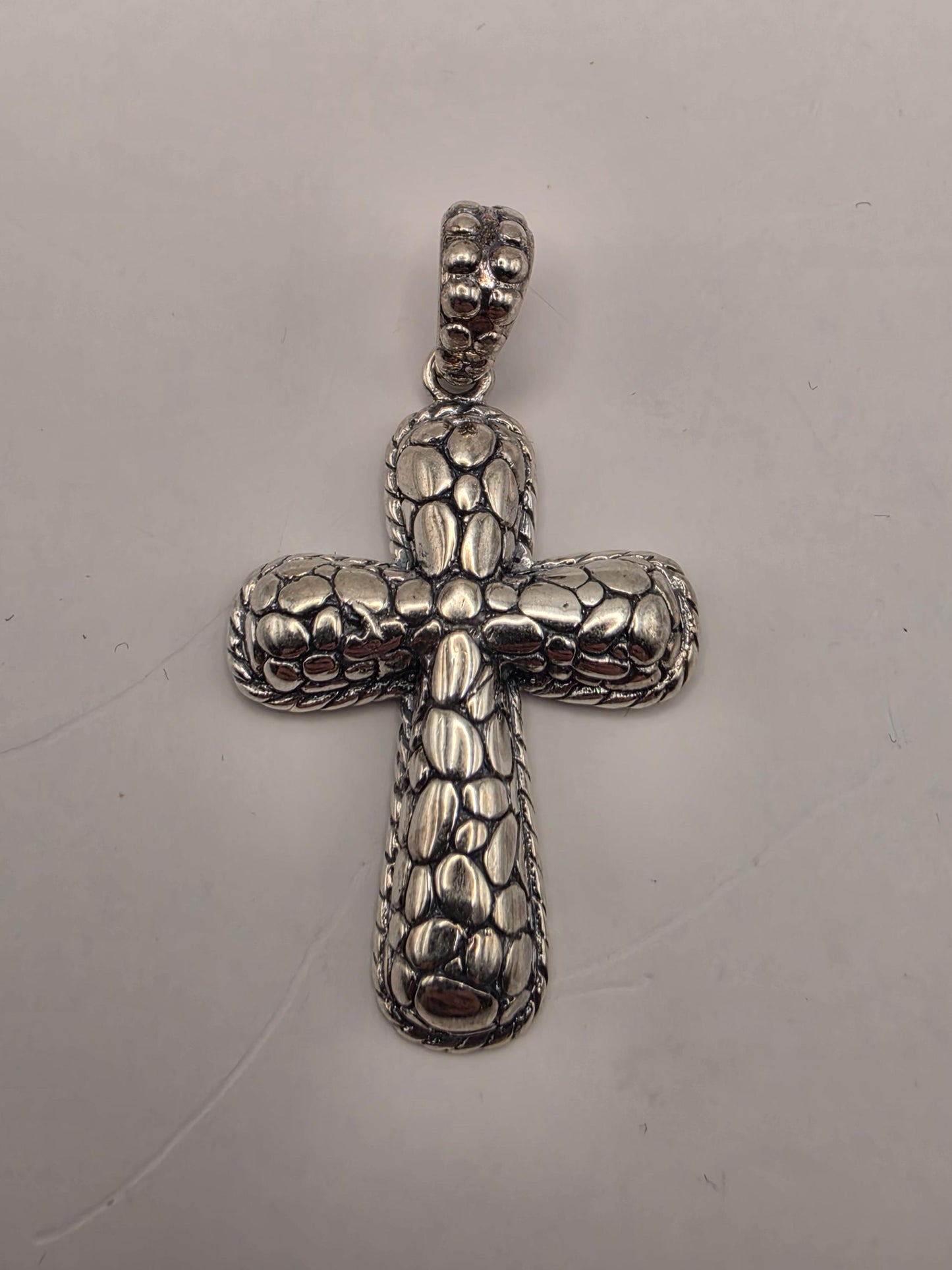 Sterling Silver Textured Cross Pendant 1.375 Inch 6.7 Grams Reptile Scale Design Unisex Religious Jewelry Gift