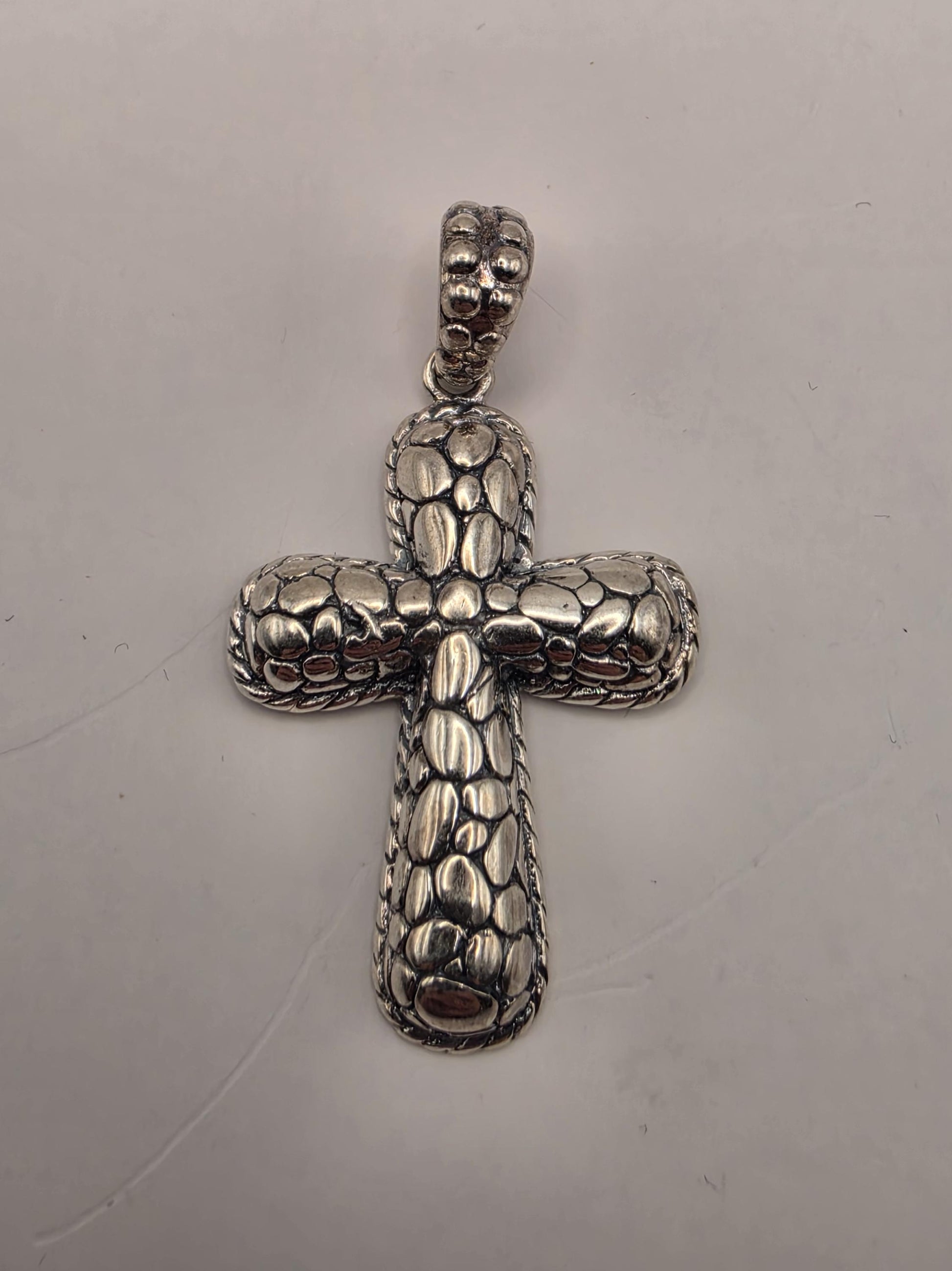Sterling Silver Textured Cross Pendant 1.375 Inch 6.7 Grams Reptile Scale Design Unisex Religious Jewelry Gift