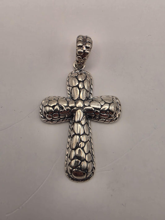 Sterling Silver Textured Cross Pendant 1.375 Inch 6.7 Grams Reptile Scale Design Unisex Religious Jewelry Gift