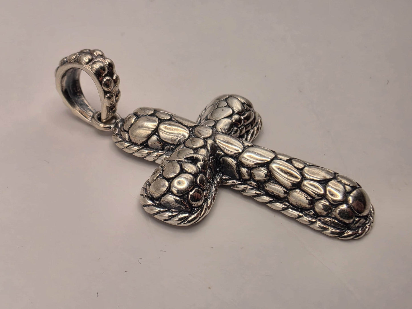 Sterling Silver Textured Cross Pendant 1.375 Inch 6.7 Grams Reptile Scale Design Unisex Religious Jewelry Gift