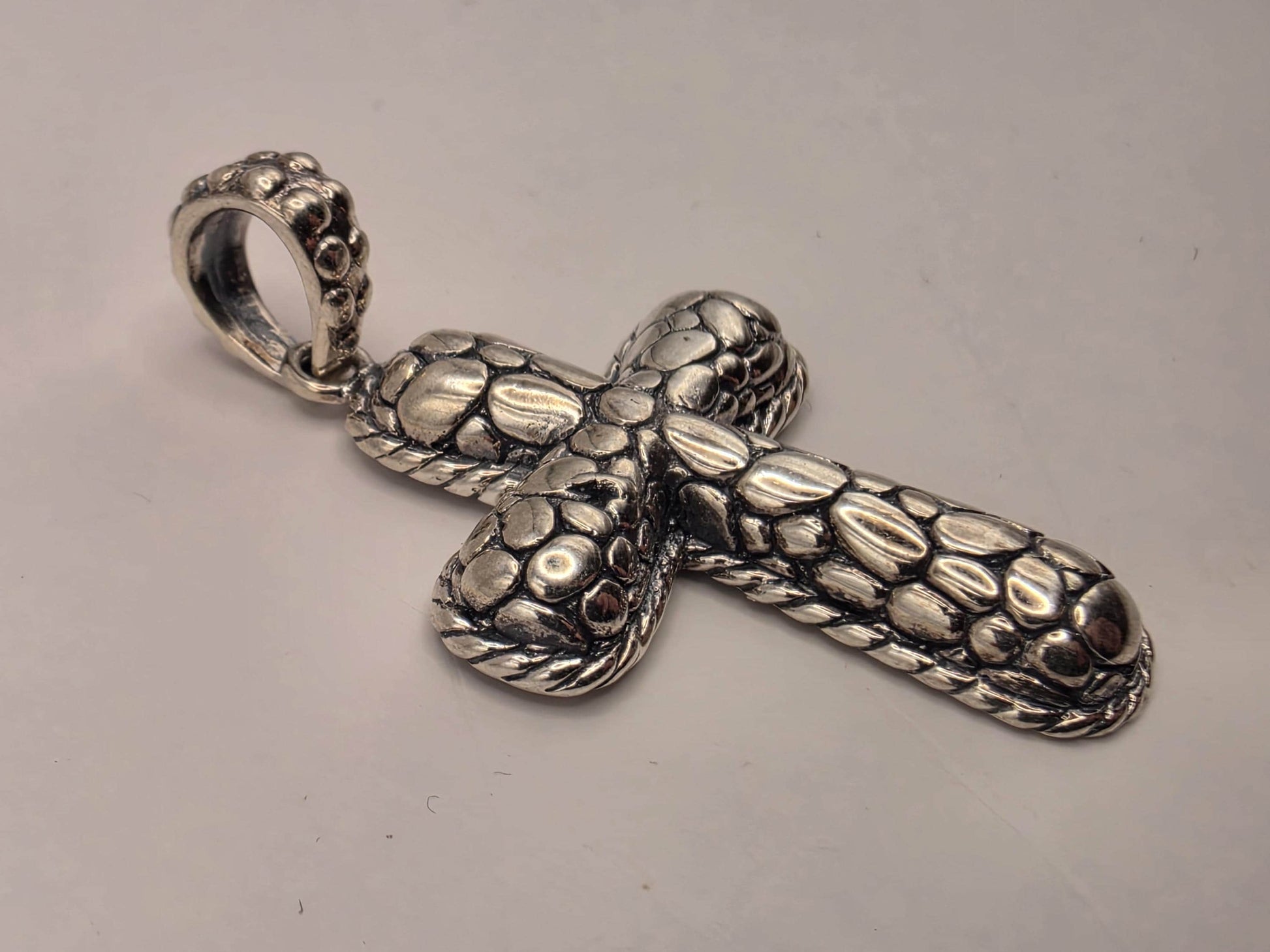 Sterling Silver Textured Cross Pendant 1.375 Inch 6.7 Grams Reptile Scale Design Unisex Religious Jewelry Gift