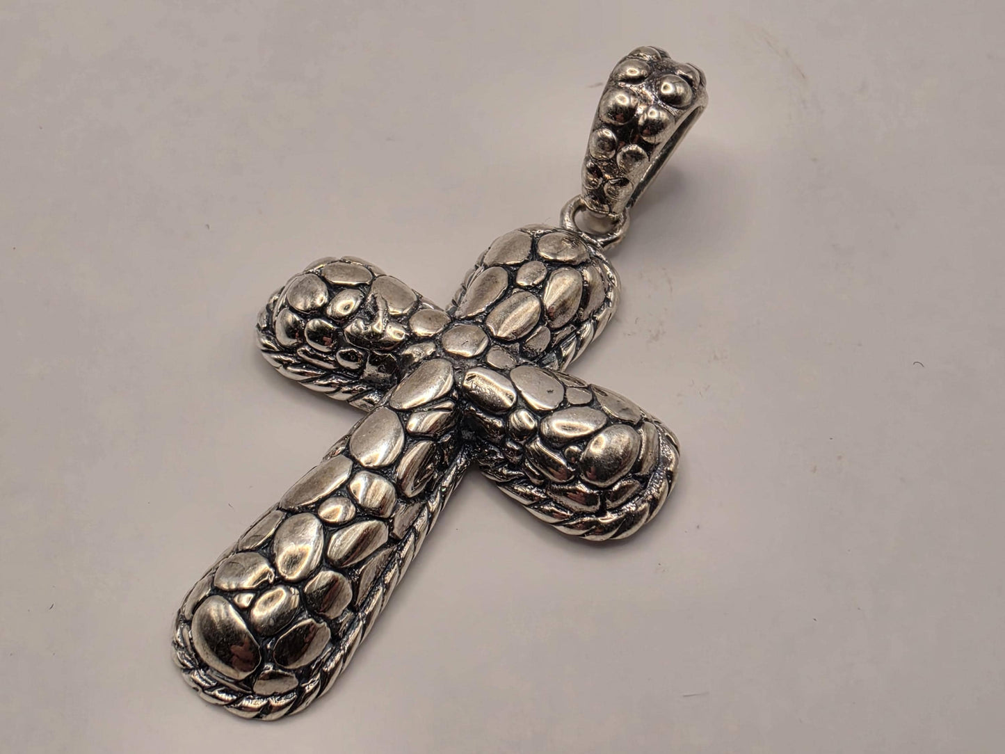 Sterling Silver Textured Cross Pendant 1.375 Inch 6.7 Grams Reptile Scale Design Unisex Religious Jewelry Gift